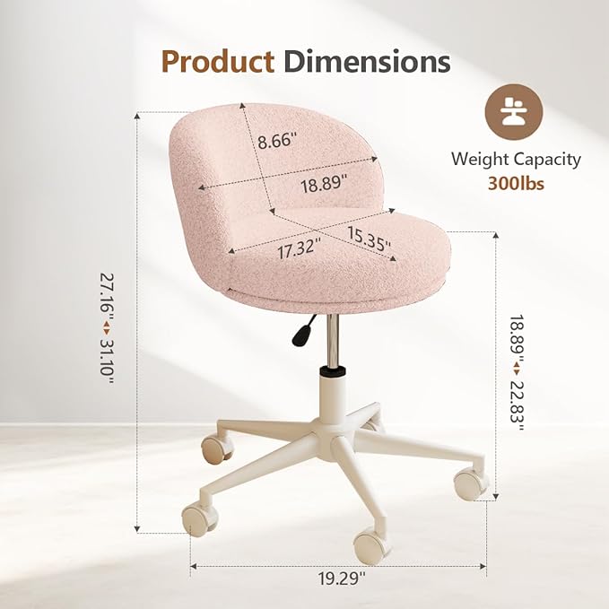 Modern Armless Office Chair with Back, Swivel Makeup Small Vanity Chair, Height Adjustable Computer Task Chair for Bedroom Living Room