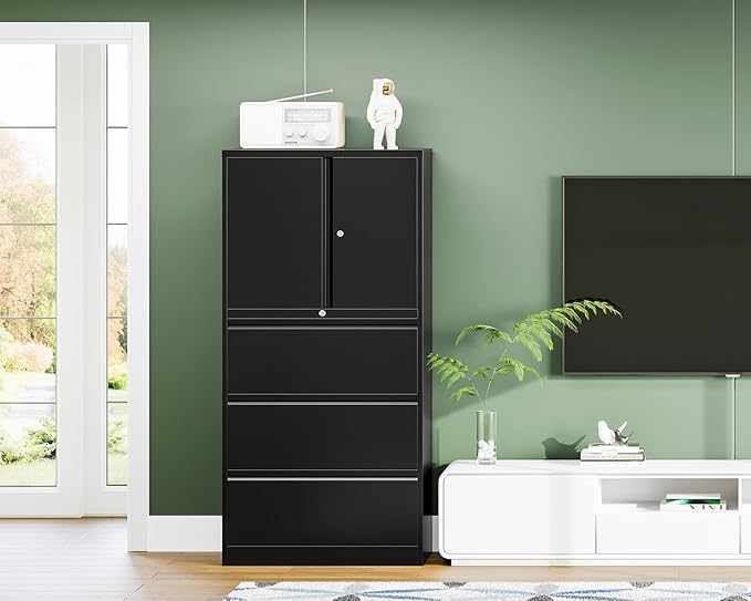 Letaya 3 Drawer Metal Storage Cabinets for Home Office,File Cabinet with Lock and 2 Adjust Shelves-Hang Filing Legal/Letter/A4/F4 Size(Black