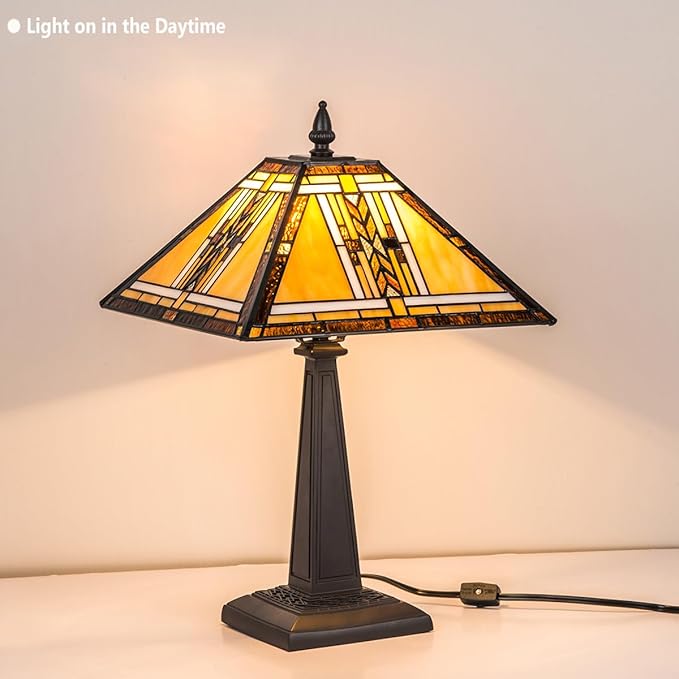 Tiffany Table Lamp,Mission Stained Glass Table Light,Antique Style Medium Size Desk Lamp Vintage Beside Reading Lamp for Living Room Bedroom Office