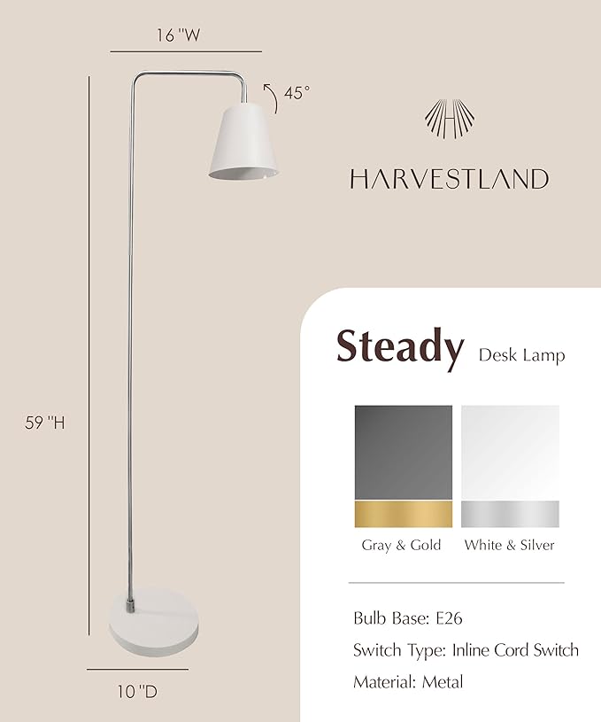 HarvestLand Steady Brushed Nickel Floor Reading lamp – Adjustable Standing Lamp with Solid Base, Reading Lamps Floor Standing, Grey Reading Floor Lamp for Living Room or Over Chair Use