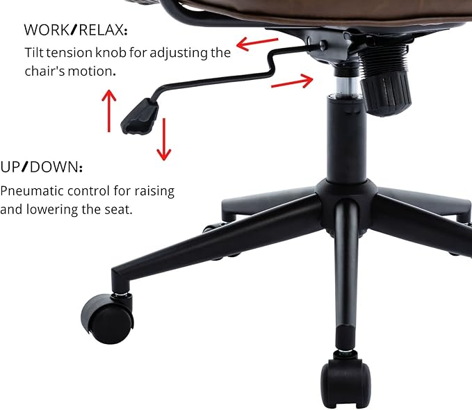 LukeAlon Adjustable Pu Leather Home Office Chair, Comfy 360° Swivel Task Chair with Armrest Modern Thickened Seat Desk Chair Tiltable Computer Chair with Buttons & Wheels, Brown