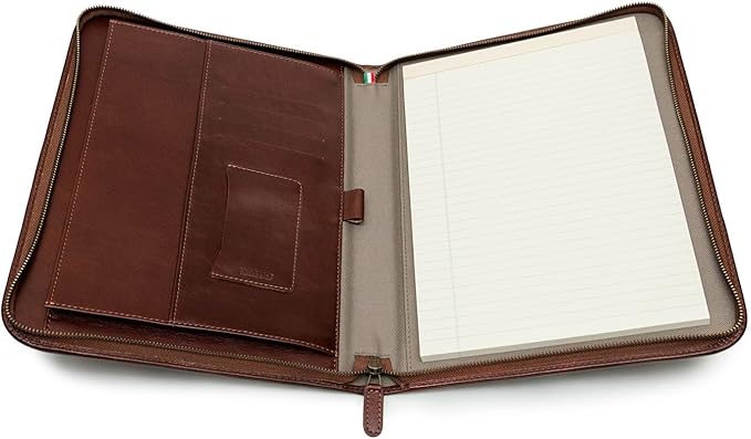Premium Maruse Leather Portfolio Padfolio - Executive Folio for Men and Women with Zipper, Folio Document Organizer, Laptop Sleeve, iPad Case and Folder - Made in Italy, Brown