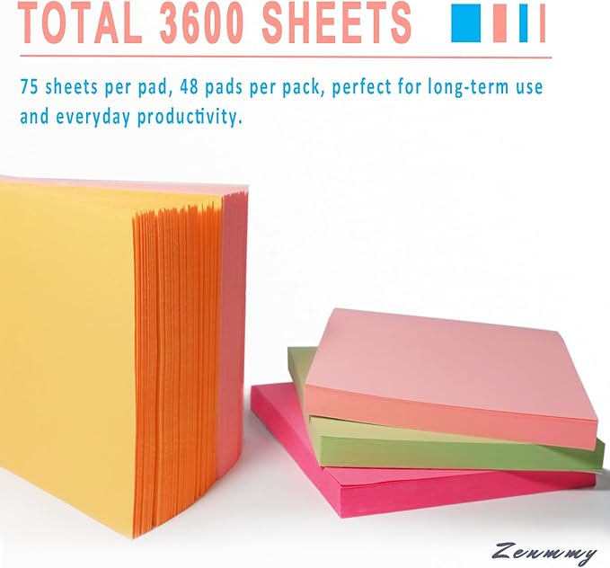 Sticky Notes 3x3 Inches, Self-Stick 48 Pads Bulk, 8 Bright Colors, Colorful Self-Adhesive Notes Pads for Home, School, Office, Notebook, 75 Sheets/Pad