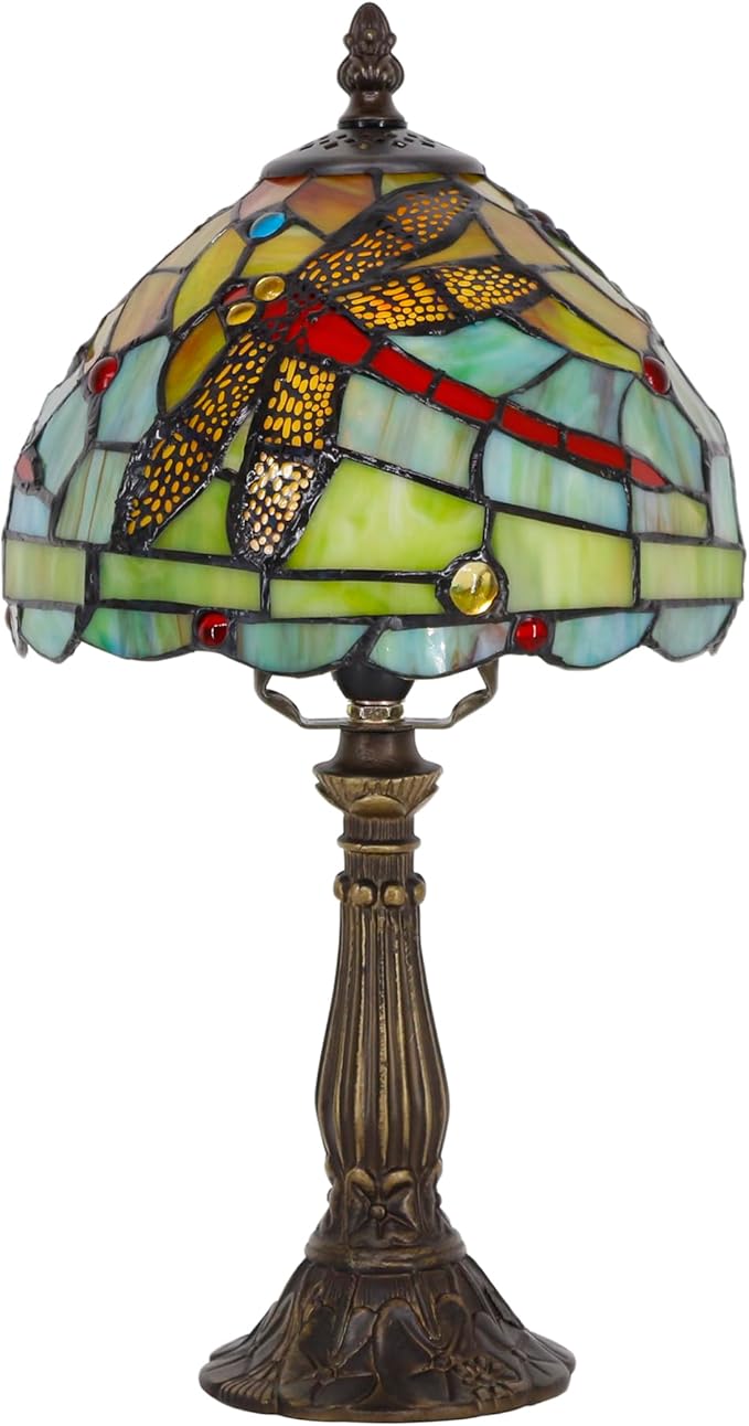 Tiffany Lamp Touch Control Table Lamp Green Red Stained Glass Desk Lamp 8X8X14.5 Inches Dragonfly Style Reading Light