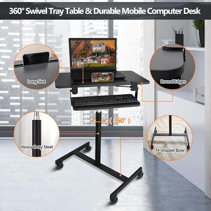 Mobile Standing Desk,Rolling Desk Adjustable Height,Laptop Cart on Wheels with Keyboard Tray&Monitor Stand Riser,Overbed Table for Home,Office,Podium (Black)
