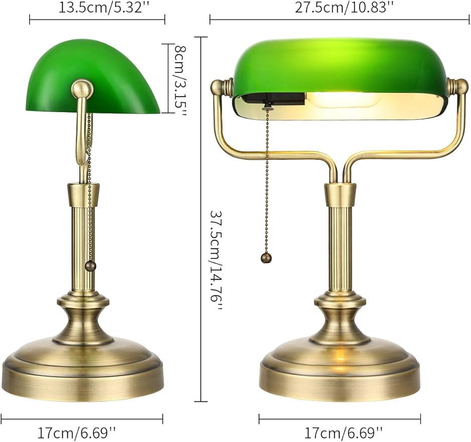 Traditional Banker's Desk Lamp with Glass Shade,Pull Chain Switch, LED Bulb Included (Antique Bronze+Green)