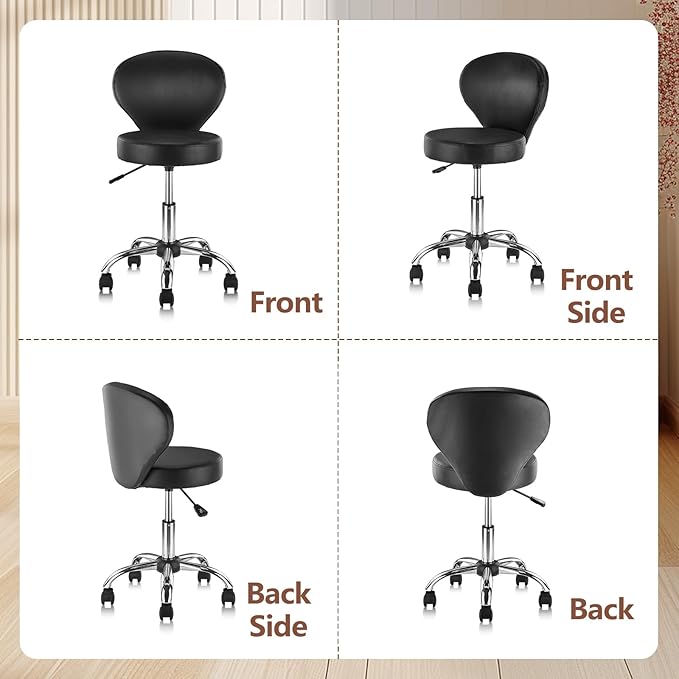 Pu Leather Round Rolling Swivel Salon Stool Chair, with Adjustable Height and Back Support for Office Massage Facial Spa Medical Drafting Tattoo Beauty Barber Black 4PK
