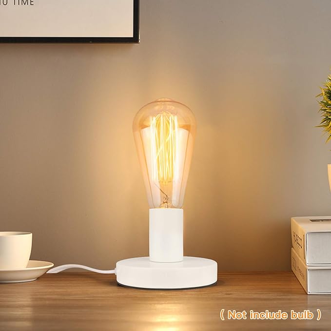 Helunsi Industrial Table Lamp Base - E26/E27 Edison Light Bulb Stand, Exposed Bulb, Simple Metal, 5.8ft Cord Switch Plug, White