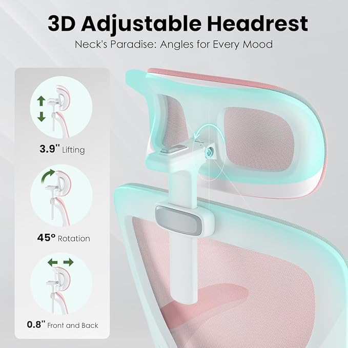 Soohow Ergonomic Office Chair, Office Mesh Desk Chair with Adjustable Lumbar Support Armrests, Comfy Computer Desk Chair with Headrest, for Home and Office, White & Pink
