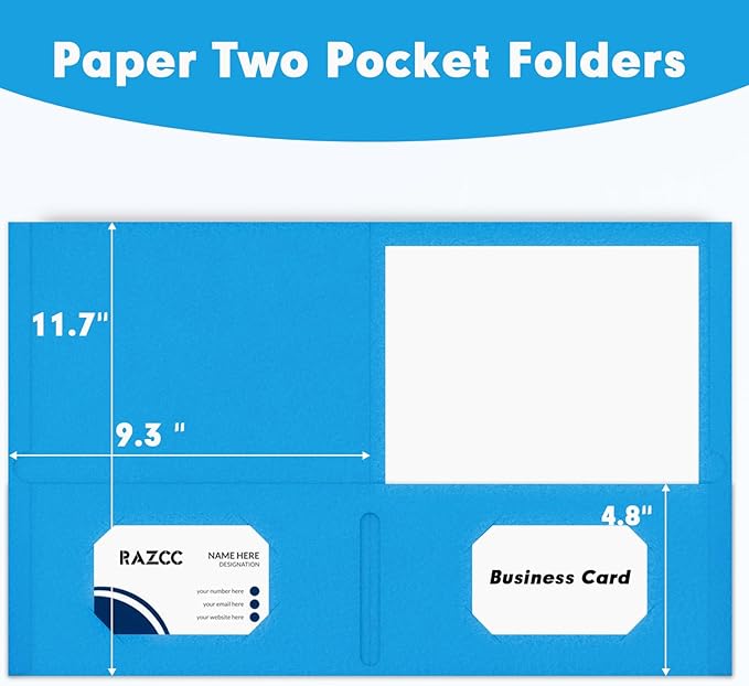 Two Pocket Folders, RAZCC 50 Pack 2Pocket Folders Fit Letter Size Paper, Paper Folders with Pockets for School Office Business Home, Blue, Cyan