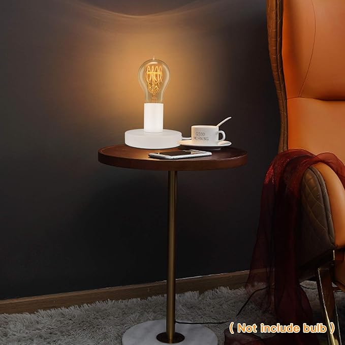 Helunsi Industrial Table Lamp Base - E26/E27 Edison Light Bulb Stand, Exposed Bulb, Simple Metal, 5.8ft Cord Switch Plug, White