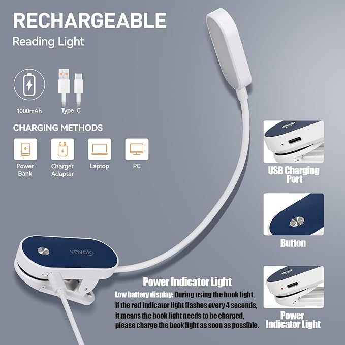 VAVOFO Rechargeable Book Light, 14 LEDs Eye Care Clip On Amber Reading Light for Bookworms Reading in Bed with 9 Colors 9 Brightness (White-Blue)
