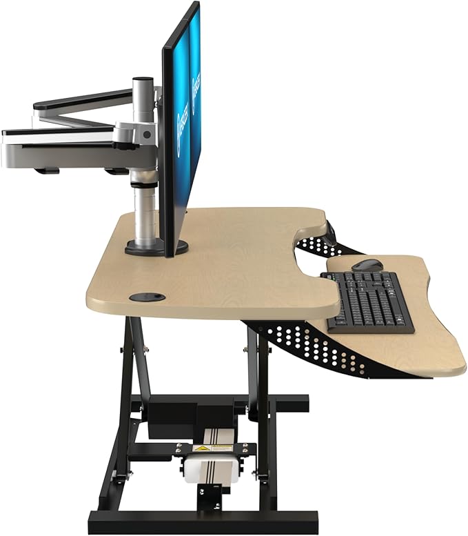 VERSADESK® PowerPro™ Elite 36” x 24" – App Controlled Electric Standing Desk Converter w/USB Charging Port. Raises up to 20”. Fully Assembled – Includes LED Lights. Supports 80 lbs. – Maple
