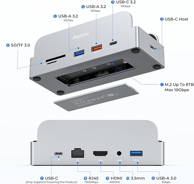 RayCue SmartDock Pro for Mac mini M4 Dock Stand with M.2 NVMe SSD Enclosure, 4K 60Hz HDMI, 10Gbps USB-C/A, Gigabit Ethernet, SD/TF Card Readers – Space-Saving Vertical Hub Compatible with Mac mini
