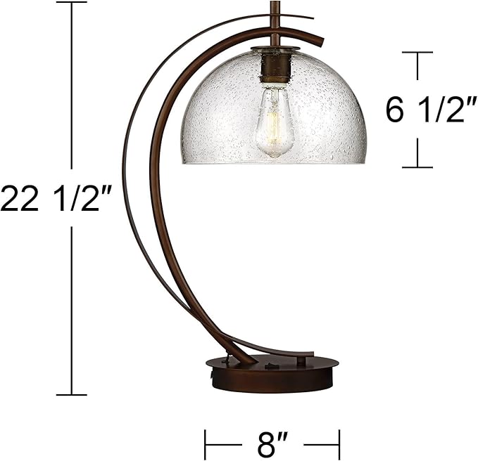 Possini Euro Design Calvin 22.5" High Modern Vintage Accent Table Lamp with USB Ports A+C Charging Filament LED Bronze Metal Glass Dome Shade - Living Room Desk Bedroom House Bedside Nightstand Home
