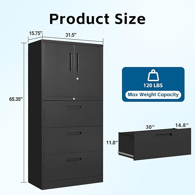 Vertical/Horizontal File Cabinet - 3-Drawer, Locking Metal Cabinet for Home Office, Storage for Legal/Letter/A4 Files - Assemble Required (Black)