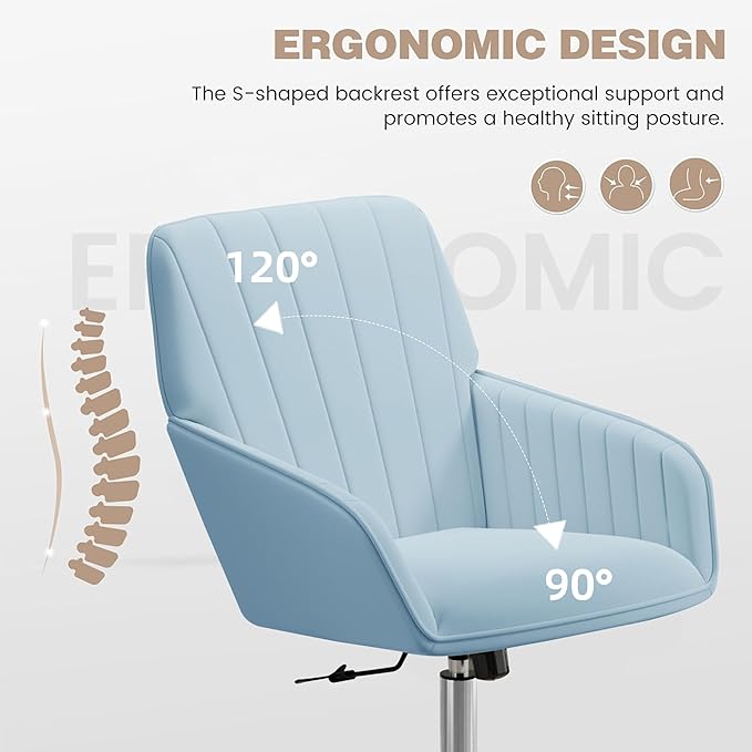 YISHENG Velvet Office Desk Chair with Silver Base, with Wheels,Modern Height Adjustable 360 Degree Swivel Upholstered Vanity Chairs with Arms for Living Room Bedroom,Light Blue