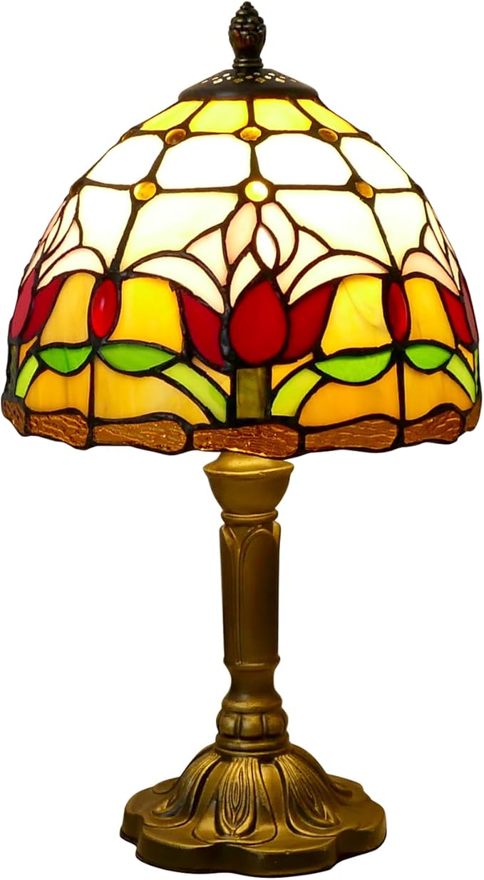Tiffany Lamp Tulips Flower Stained Glass Table Lamp 8x8x14 Inches Flower Style Desk Reading Light Decor for Beside Bedroom Living Room Home Office with LED Bulb
