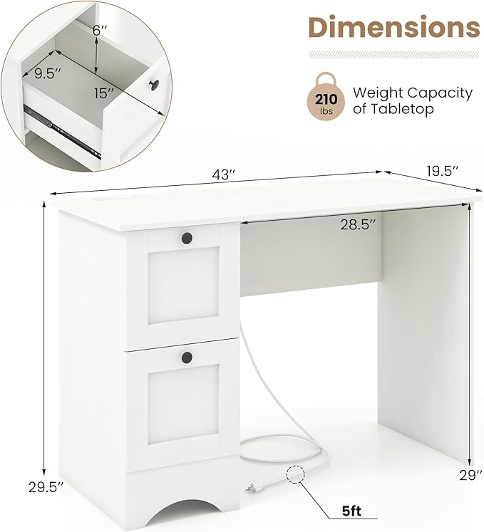 Tangkula White Desk with Drawers & Charging Station, Wooden Home Office Desk PC Laptop Notebook Desk, Compact Study Desk Writing Desk, Computer Workstation Ideal for Home & Office