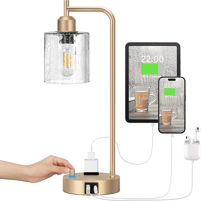 Innqoo Champagne Gold Industrial Bedside Table Lamp for Bedroom - Nightstand Lamps with USB C Charging Port, Fully Dimmable Black Ports and Outlets, Small Desk Glass Shade Office Living Room