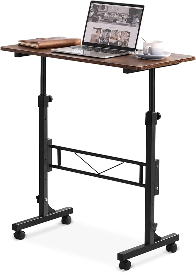 Small Standing Desk Adjustable Height, Mobile Stand Up Desk with Wheels, 32 Inch Portable Rolling Desks for Walking Pad Treadmill Wood Rustic