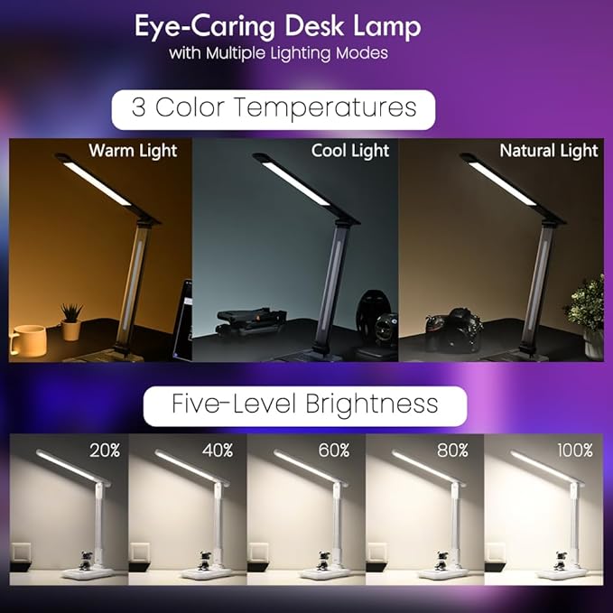 RGB Gaming Desk Lamp with Music Sync,Dimmable LED Lamp with Wireless Charging Station,USB Charging Port,Color Changing Touch Control Light for Gamer Room Decor,Reading,Office,Gift Ideas