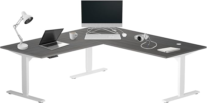 Progressive Desk Height Adjustable Electric Standing Desk - L Shaped 72" x 72" Computer Stand Up Rising Workstation Corner Table - White Frame, Gray Oak Top