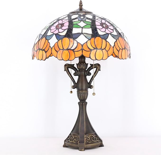 Tiffany Table Lamp 24 Inch High Antique Stained Glass Orange Flower Desk Reading Light Wide 16 Inch for Bedroom Living Room Home Office