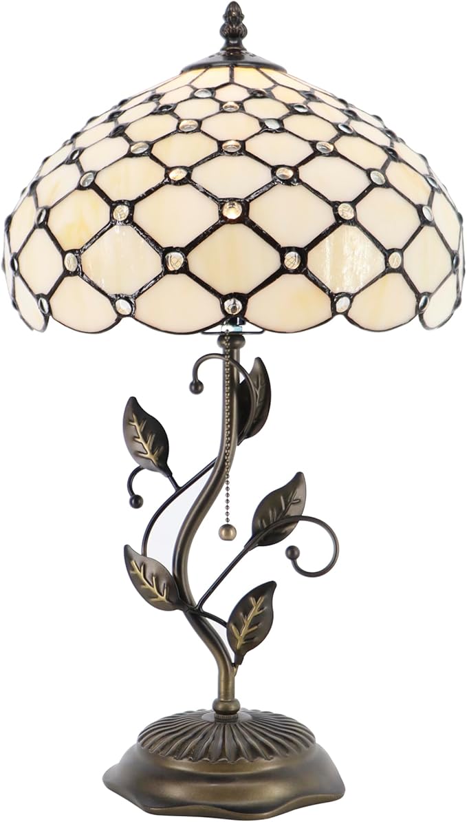 Tiffany Table Lamp, Stained Glass Style Desk Lamp, 12X12X19 Inch,Bedside Reading Light, Metal Leaf Base (Cream Bead Style)