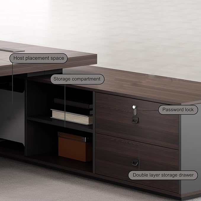 102IN L-Shaped Executive Desk, Executive Office Desk with Sub-Cabinet Storage & Combination Lock Storage Handle & Thickened Tabletop & Multimedia Wire Box & Front Baffle