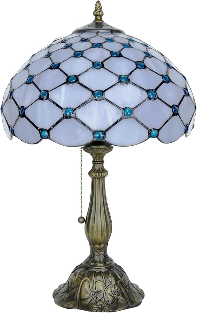 Tiffany Lamp Vintage White Grey Stained Glass Bead Table Lamp Desk Bedside Reading Light Decor Bedroom Living Room Home Office D12*H18 Inches