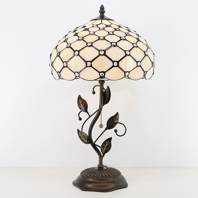 Tiffany Table Lamp, Stained Glass Style Desk Lamp, 12X12X19 Inch,Bedside Reading Light, Metal Leaf Base (Cream Bead Style)