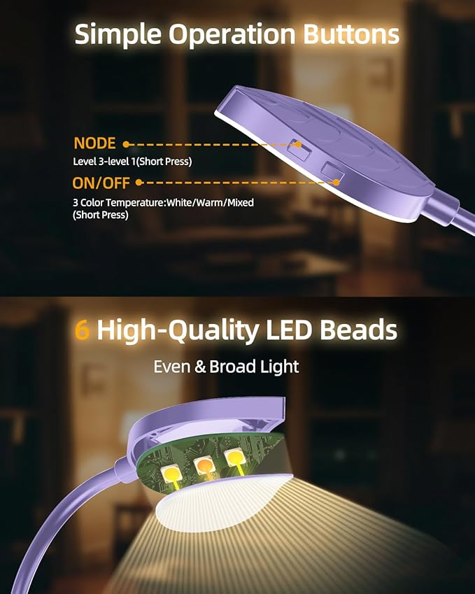 Rechargeable Book Lights for Reading at Night - Eye,3 Color Temperatures,3 Brightness Levels,Flexible Goose Neck Clip on Light,Reading Lights for Books in Bed with Power Indicator Bookworms (Purple)