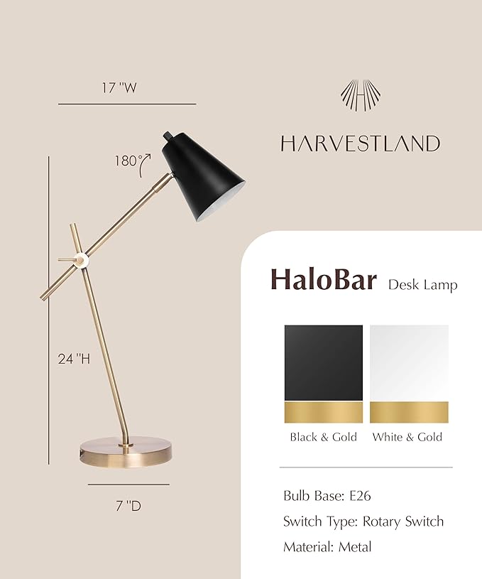 HarvestLand HaloBar Reading Lamps – Adjustable Black Table Lamps, Industrial Table lamp with Solid Base for Home Office, Study and Reading, Desk Lamps for Home Office