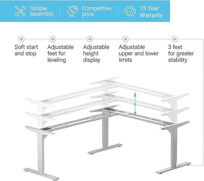 Progressive Automations Standing Desk Corner Frame. Adjustable Height and Width Legs with Triple Electric Motors for Home Office L Shaped Desk FLT-05 White