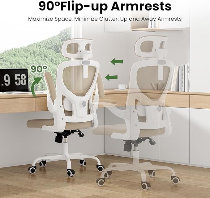 Soohow Ergonomic Office Chair, Office Mesh Desk Chair with Adjustable Lumbar Support Armrests, Comfy Computer Desk Chair with Headrest, for Home and Office, White & Khaki