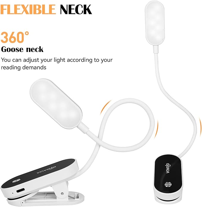 VAVOFO Rechargeable Book Light, 14 LEDs Eye Care Clip On Amber Reading Light for Bookworms Reading in Bed with 9 Colors 9 Brightness (White-Black)