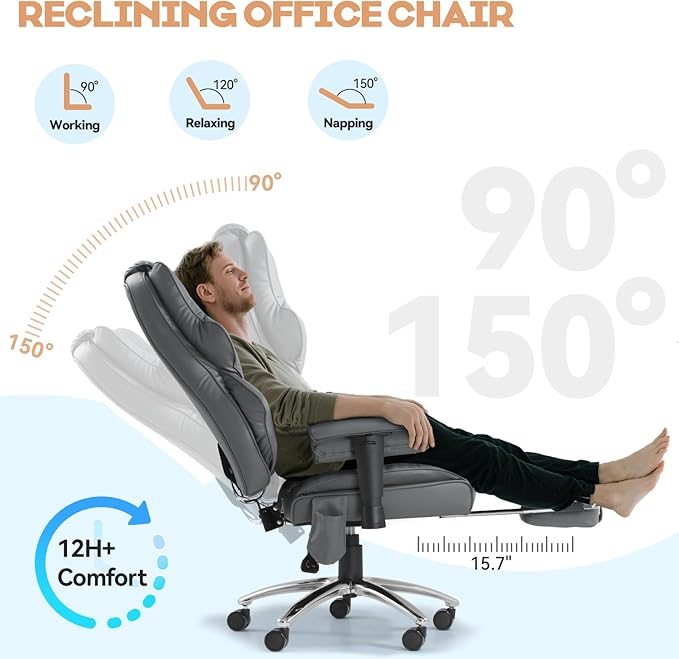 Massage Office Chair with Foot Rest, Ergonomic Executive Heated Office Chair with Reclining Backrest, Adjustable Arms and Lumbar Support, High Back Leather Desk Chairs for Home Office, Grey