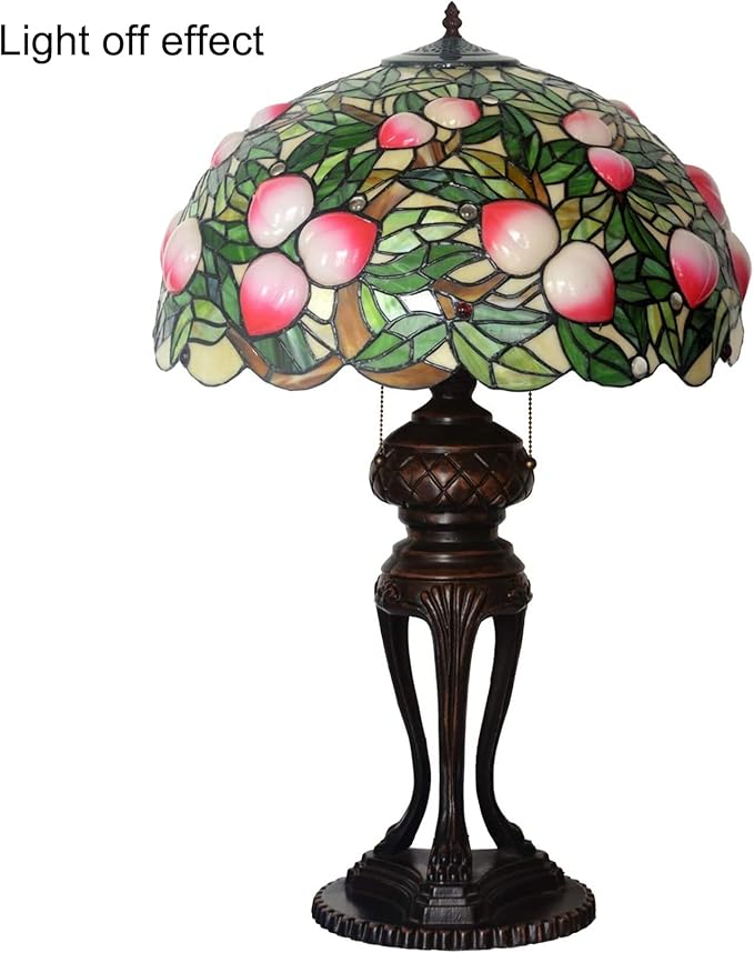 Tiffany Lamp Table Lamp Rose Dragonfly Tulip Wisteria Grape Peach Kapok Peony Apple Flower Design Stained Glass Lampshade Desk Lamp for Girl Living Room Iron Base W20 XH32,Peach