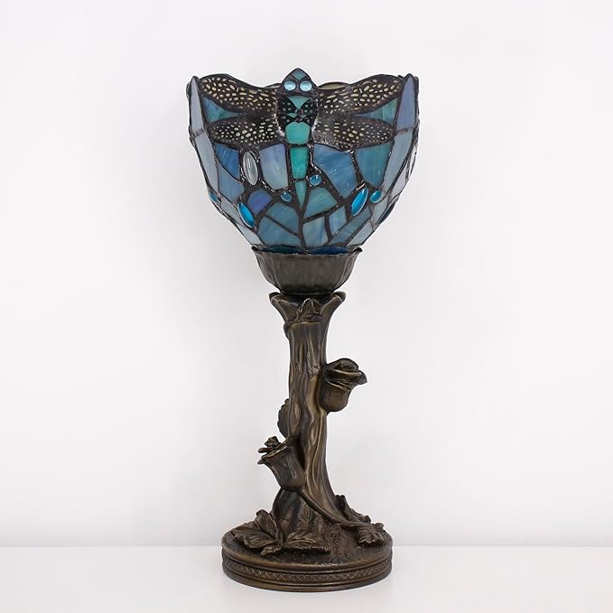Small Tiffany Lamp Mini Stained Glass Table Lamp Blue Dragonfly Accent Desk Uplight W6 H13.5 Inch Bronze Resin Base
