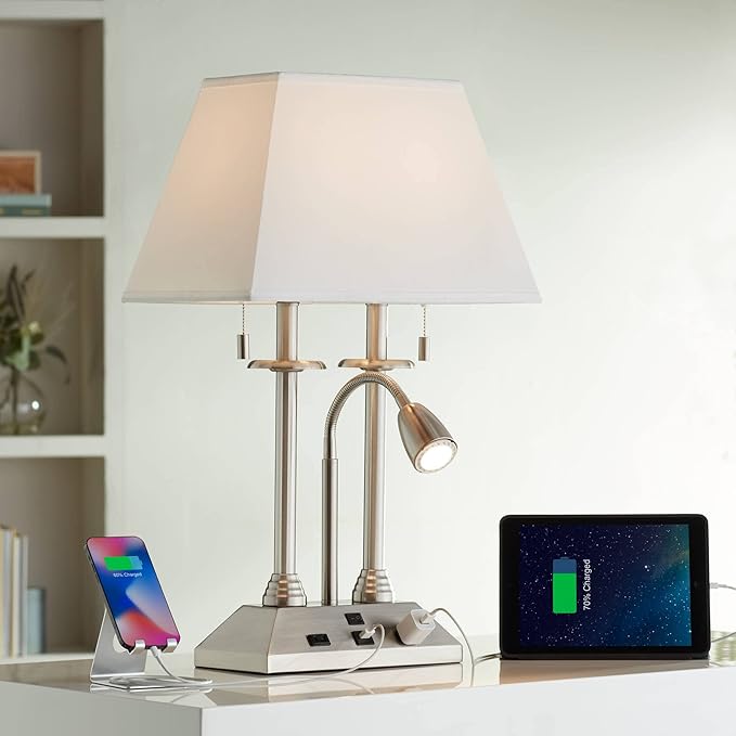 Possini Euro Design Dexter Modern Table Lamp 26" High with USB and AC Power Outlet in Base Brushed Nickel LED Reading Light White Linen Shade for Bedroom Living Room House Desk Bedside Nightstand