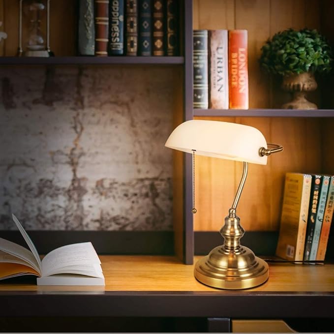 Newrays White Matted Glass Bankers Desk Lamp with Pull Chain Switch Plug in Fixture