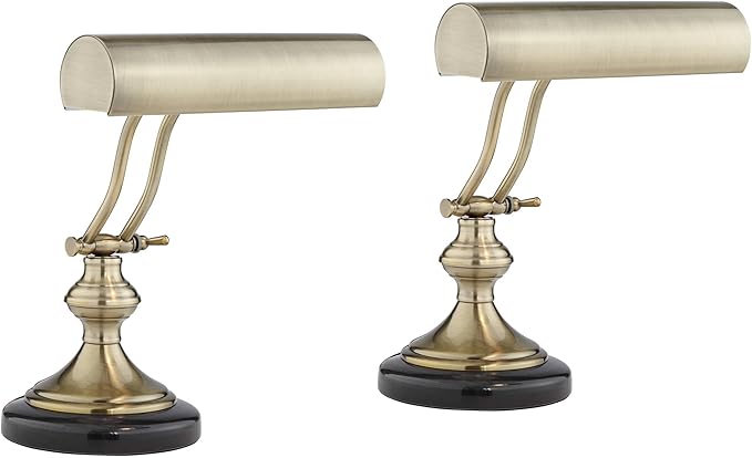 Regency Hill Serenity 12" High Small Traditional Piano Desk Lamps Set of 2 Adjustable Gold Antique Brass Finish Metal Shade Home Office Living Room Bedroom Bedside Nightstand House Reading Kitchen