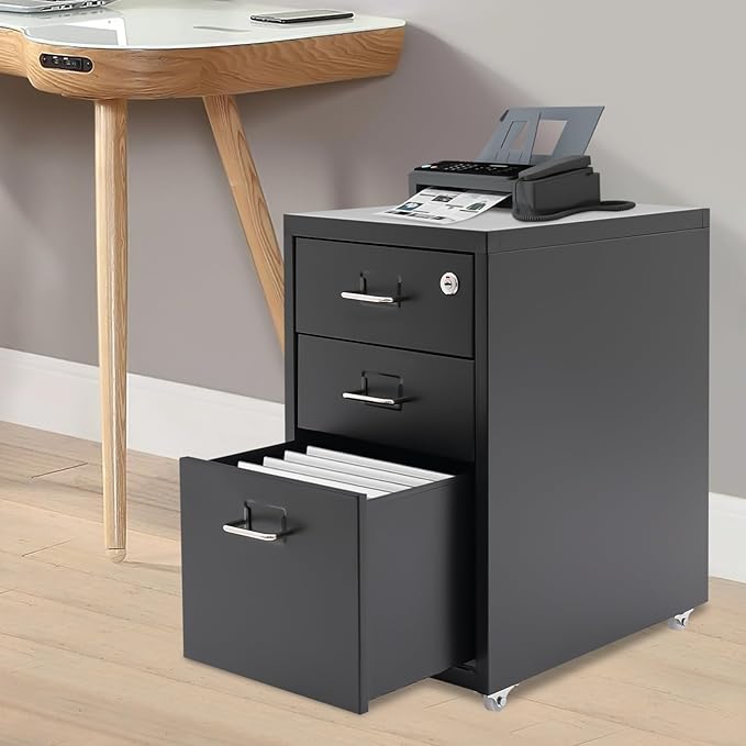 3 Drawers Rolling File Cabinet, Metal Filing Cabinets with Lock, 18.3 inch H Vertical Filing Cabinet Under Desk for Home Office, Heavy Duty Metal Storage Cabinet for A4/Letter/Legal Size File