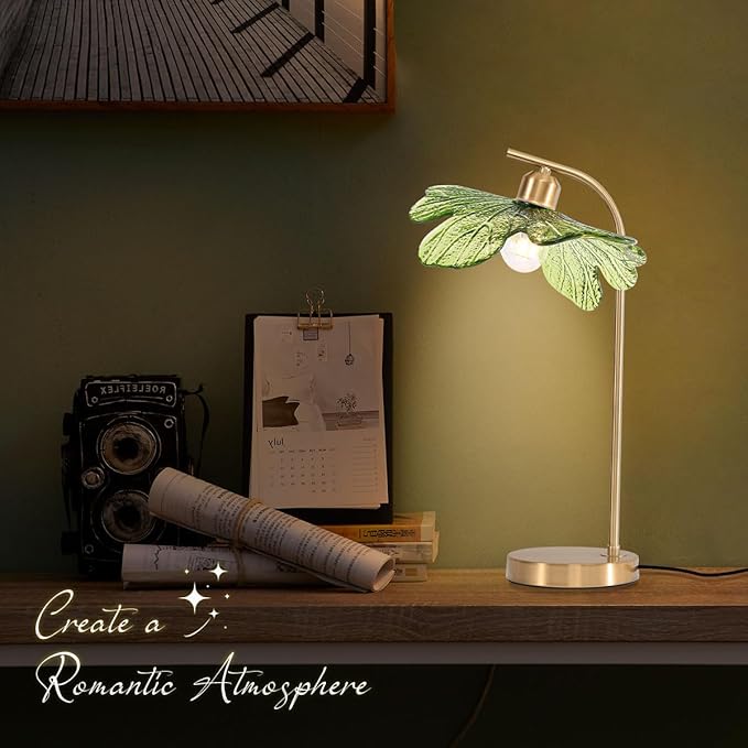 touch Table Lamp set of 2, Mid Century Modern Table lamp Gold Desk lamp tall table lamp nightstand lamp with Green Glass Flower Shade Bedside Table Lamp for end table Bedroom Living Room Office