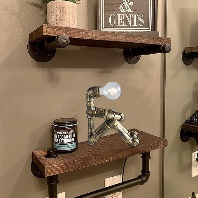Water Pipe Table Lamp Robot Style- Retro Industrial Table Light- Antique Steampunk Metal Desk Lamp Bedside Lighting Fixture for Office, Reading Kids Room, Cafe Bar (Bronze-Style C)