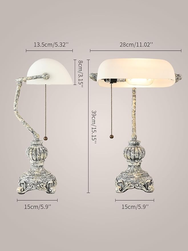 Newrays Retro White Matted Glass Bankers Desk Lamp for Home Office,Library with Pull Chain Switch Plug in Fixture, LED Bulb Included