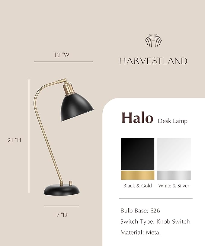HarvestLand Halo Black Table Lamps – Adjustable Reading Lamp, Metal Desk Lamp, Industrial Table Lamp with Solid Base for Bedside, Home Office, Black Desk Lamp