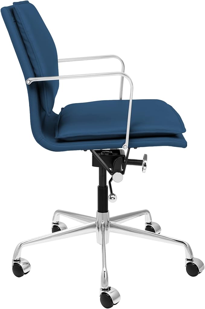 Laura Davidson Furniture Lexi II Padded Office Chair - Mid Back Desk Chair with Arm Rest, Swivel & Cushion Availability, Made of Faux Leather, Blue, Computer Chair
