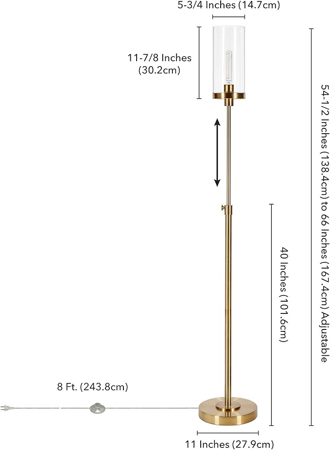 Henn&Hart 66'' Industrial 1-Light Floor Lamp with Clear Glass Cylinder Shade for Living Room, Bedroom, or Office, Brass
